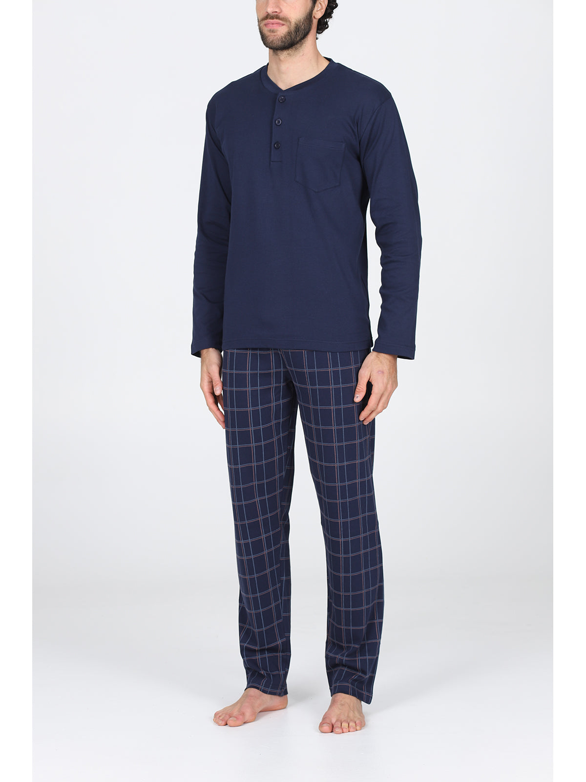 Pigiama lungo serafino in morbido cotone Quadro Blu Alpina