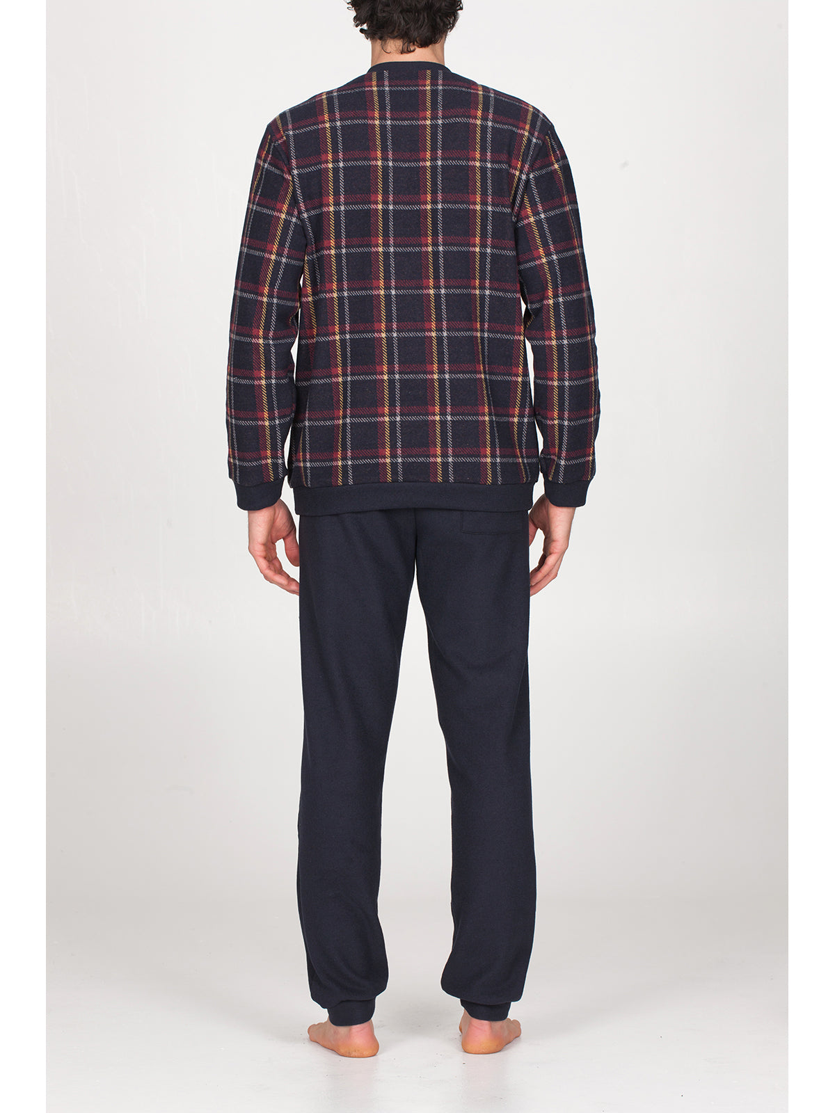 Pigiama con bordi in caldo cotone jacquard Scozz. Blu Alpina