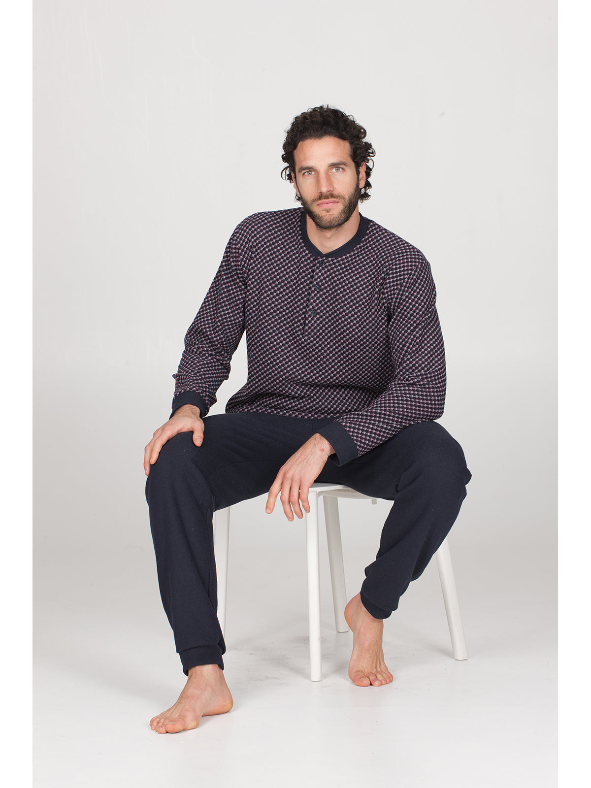Pigiama lungo con bordi in caldo cotone jacquard Cravatta Alpina