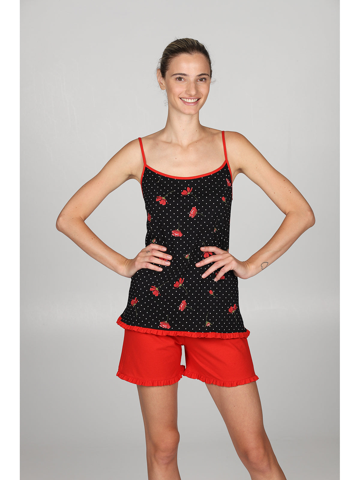 Pigiama corto top con rouches Rosso/nero Alpina