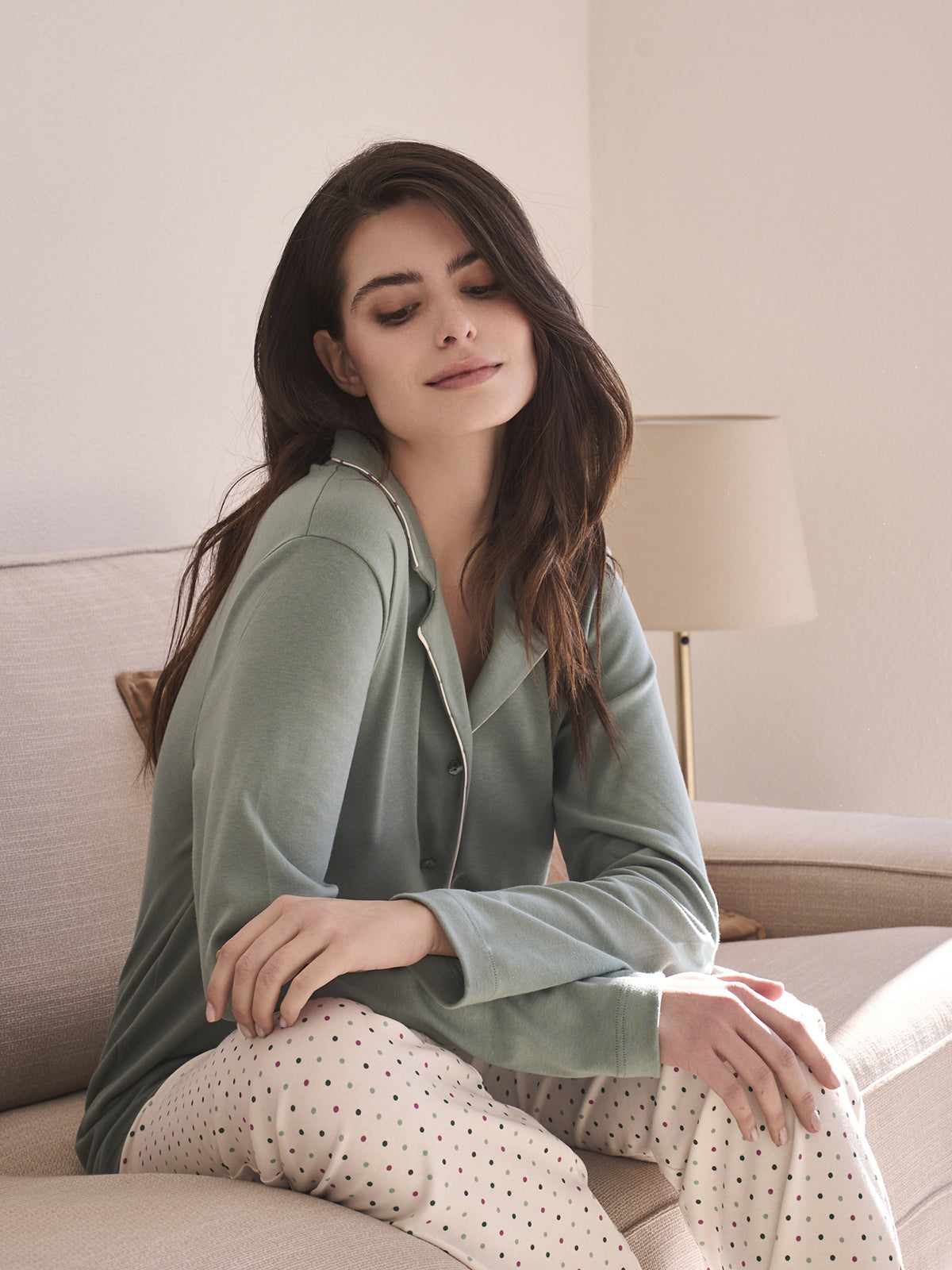 Carola pigiama lungo cardigan in morbido interlock Pois Alpina