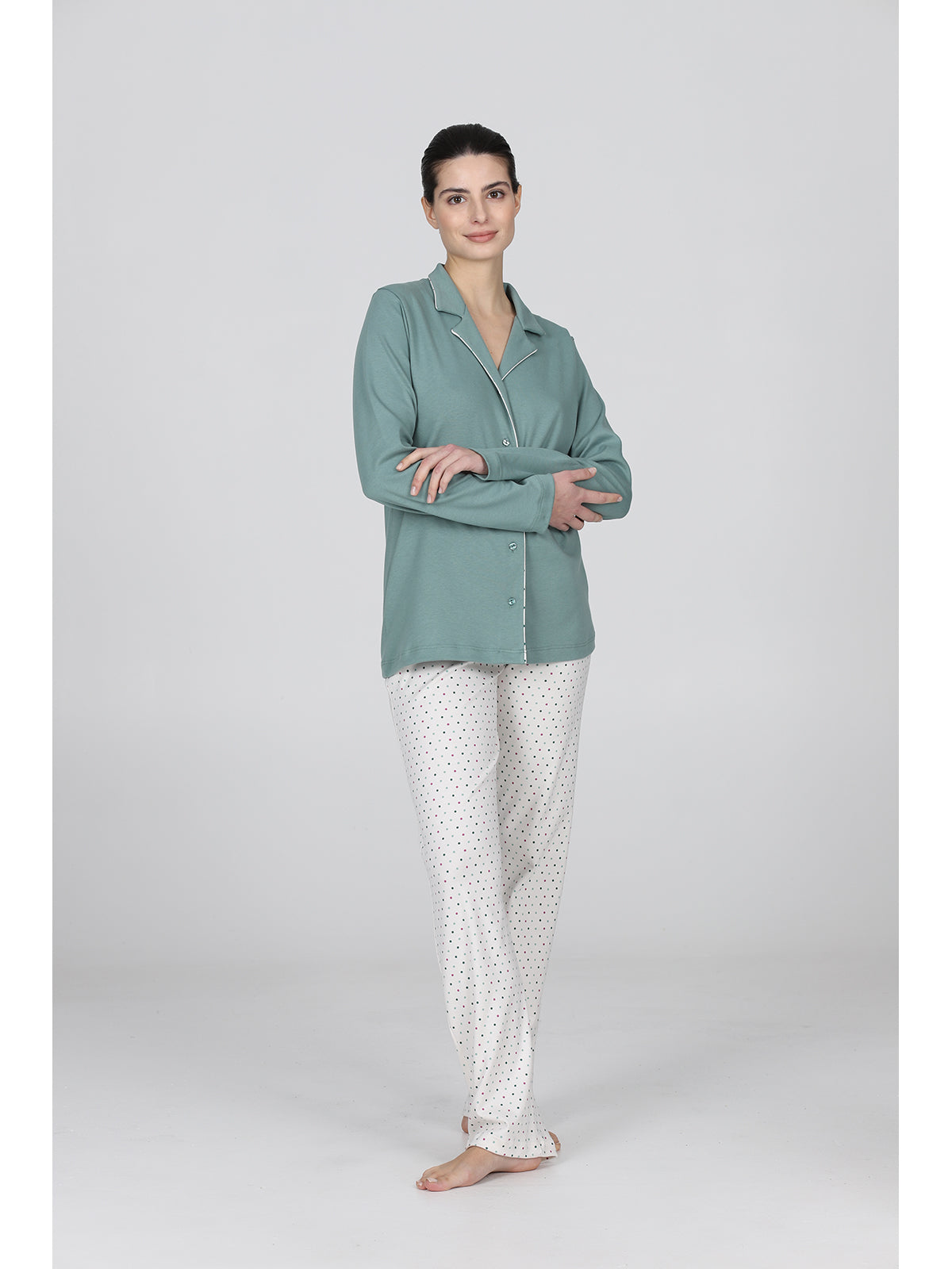 Carola pigiama lungo cardigan in morbido interlock Pois Alpina