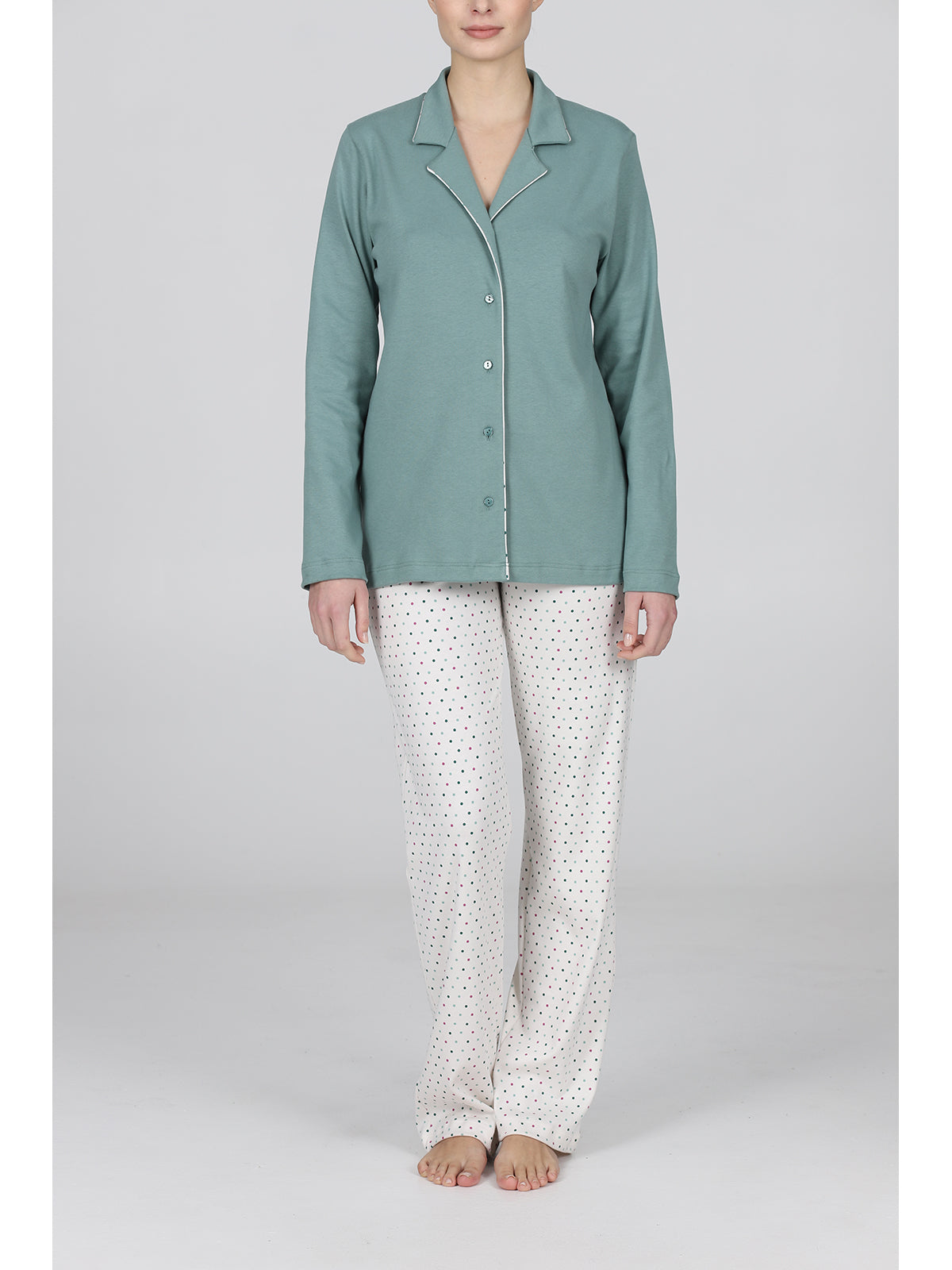 Carola pigiama lungo cardigan in morbido interlock Pois Alpina