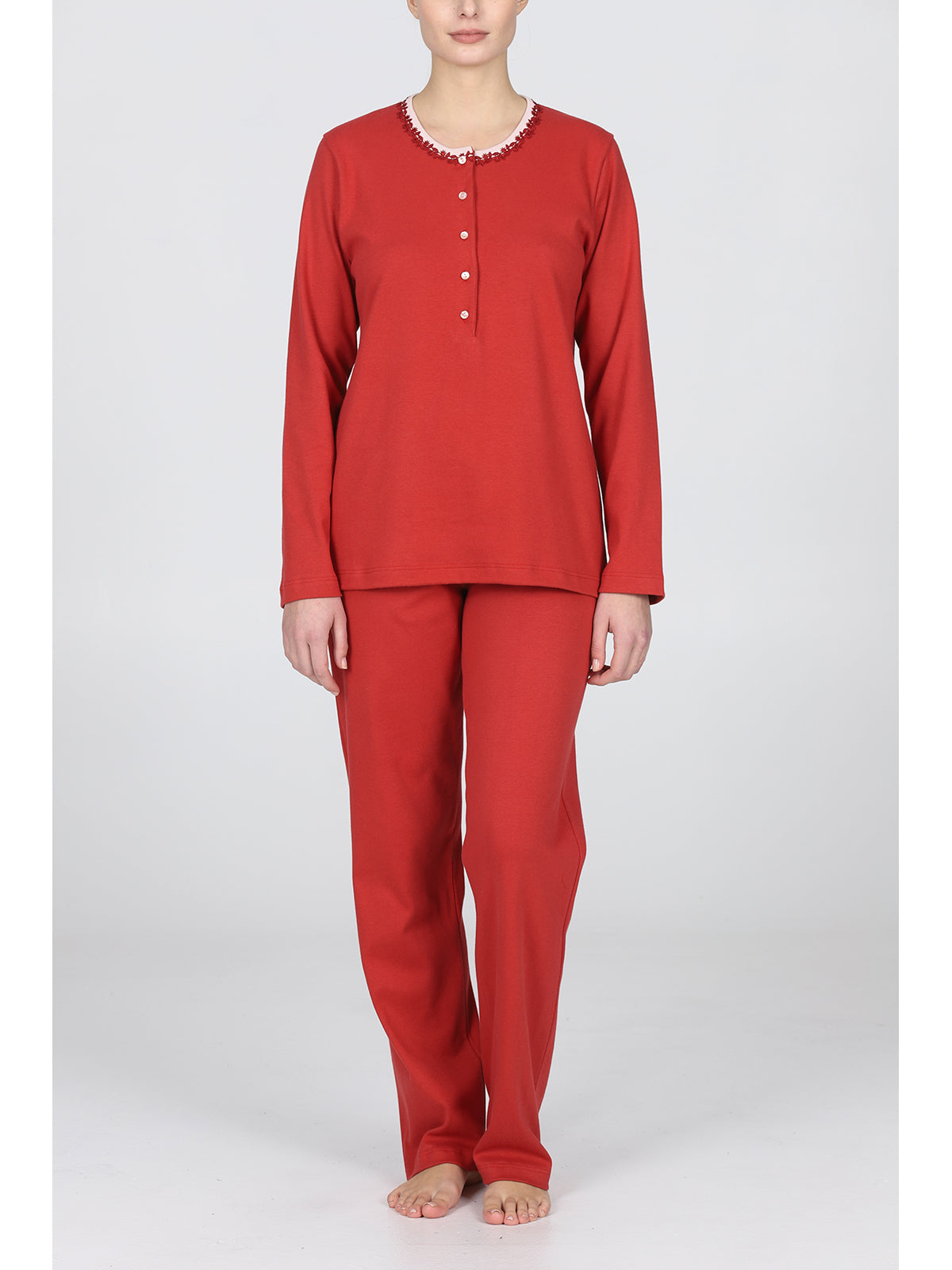 Pigiama lungo serafino in puro cotone naturale Mattone Alpina