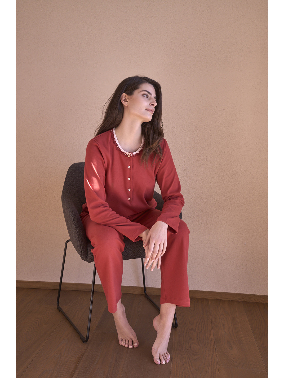 Pigiama lungo serafino in puro cotone naturale Mattone Alpina