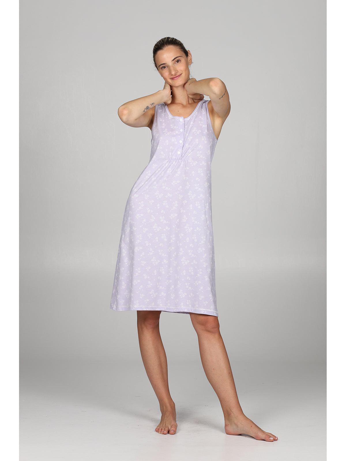 Fresca camicia da notte spalla larga in puro cotone Lilla Alpina