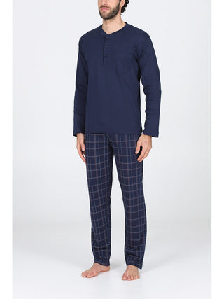 Pigiama lungo serafino in morbido cotone Quadro Blu Alpina