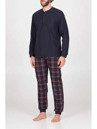 Pigiama con taschino in caldo cotone jacquard Scozz. Blu Alpina