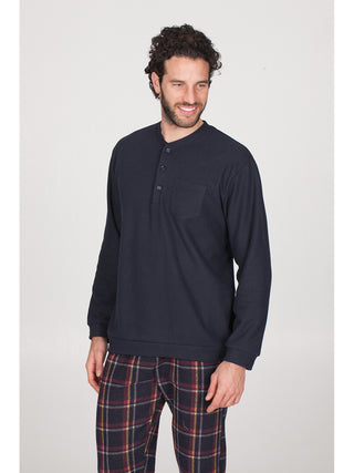 Pigiama con taschino in caldo cotone jacquard Scozz. Blu Alpina