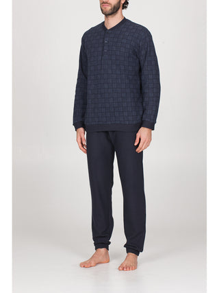 Pigiama lungo con bordi in caldo cotone jacquard Quadro Blu Alpina